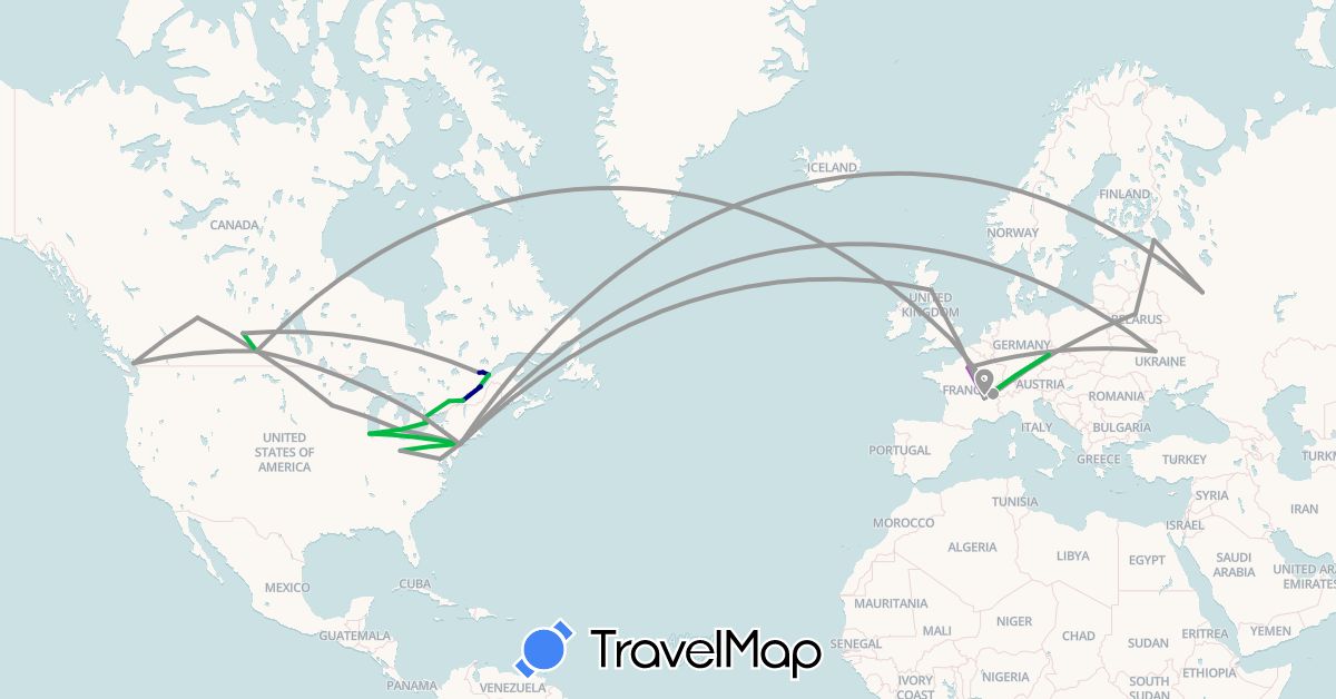 TravelMap itinerary: driving, bus, plane, train in Belarus, Canada, Switzerland, Czech Republic, France, United Kingdom, Russia, Ukraine, United States (Europe, North America)